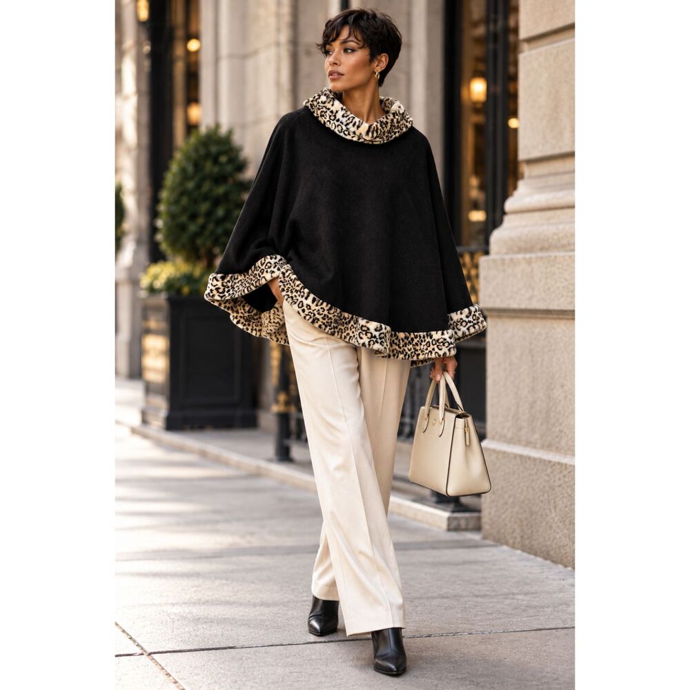 Preston & York Vintage Black Cape Poncho Leopard Faux Fur Trim Collar & Hem